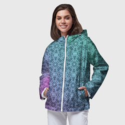 Ветровка с капюшоном женская Кружевной узор на розово-бирюзовом градиенте, цвет: 3D-белый — фото 2