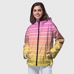 Ветровка с капюшоном женская Белые полосы на розовом и желтом градиенте, цвет: 3D-черный — фото 2