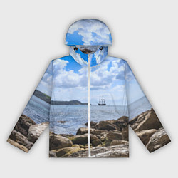 Ветровка с капюшоном женская Парусник на горизонте океана, цвет: 3D-белый