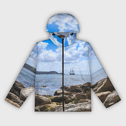 Ветровка с капюшоном женская Парусник на горизонте океана, цвет: 3D-черный