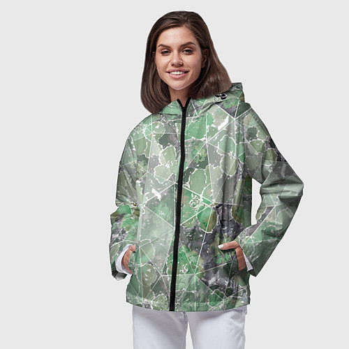 Женская ветровка Зеленые цветы на сером мраморном фоне / 3D-Черный – фото 3