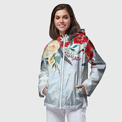 Ветровка с капюшоном женская Новогодний букет из роз, цвет: 3D-белый — фото 2