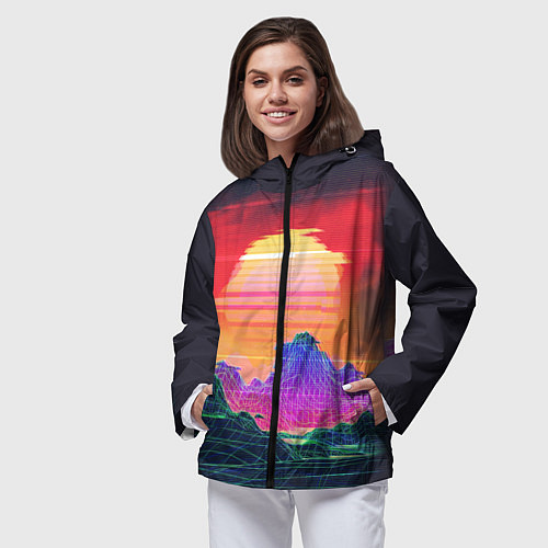 Женская ветровка Синтвейв неоновые горы на закате / 3D-Черный – фото 3