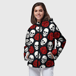 Ветровка с капюшоном женская Весёлые черепки и розы, цвет: 3D-черный — фото 2