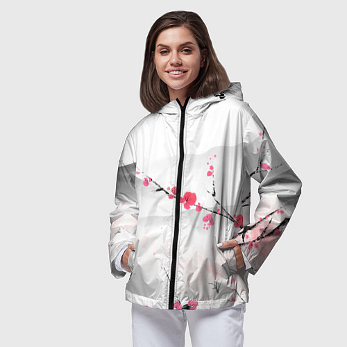 Женская ветровка Японский пейзаж, начало весны / 3D-Черный – фото 3