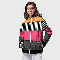 Ветровка с капюшоном женская Полосатый узор желтые розовые черные полосы, цвет: 3D-белый — фото 2