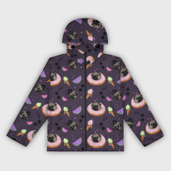Ветровка с капюшоном женская Паттерн с мопсами и едой, цвет: 3D-черный