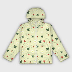 Ветровка с капюшоном женская Узор из веточек и листиков земляники, цвет: 3D-белый
