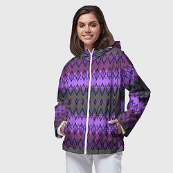 Ветровка с капюшоном женская Серо-фиолетовый этнический геометрический узор, цвет: 3D-белый — фото 2