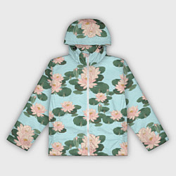 Ветровка с капюшоном женская Водяные лилии на бирюзовом фоне, цвет: 3D-белый