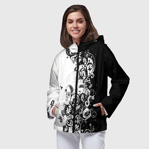 Женская ветровка Черно-белая птица среди узорчатых цветов / 3D-Черный – фото 3