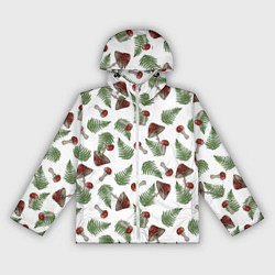 Ветровка с капюшоном женская Мухоморы и папоротник на белом - паттерн, цвет: 3D-белый