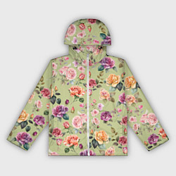 Ветровка с капюшоном женская Акварельные цветы - паттерн зеленый, цвет: 3D-белый