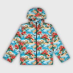 Ветровка с капюшоном женская Гавайский стиль летние цветы, цвет: 3D-черный