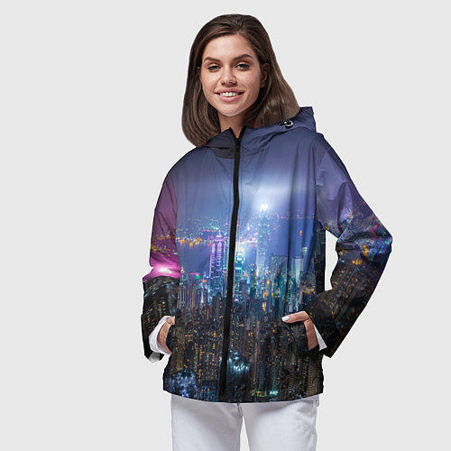 Женская ветровка Большой город в розово-голубых огнях / 3D-Черный – фото 3