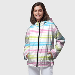 Ветровка с капюшоном женская Розовые и бирюзовые полосы на белом, цвет: 3D-черный — фото 2