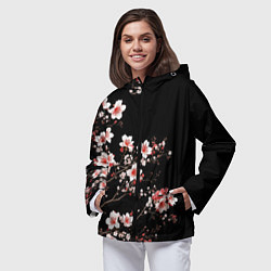 Ветровка с капюшоном женская Цветущая сакура - белые и красные, цвет: 3D-черный — фото 2