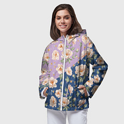 Ветровка с капюшоном женская Розовые пионы паттерн, цвет: 3D-белый — фото 2
