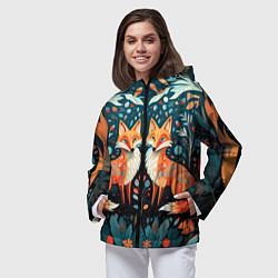 Ветровка с капюшоном женская Две лисички в стиле фолк арт, цвет: 3D-черный — фото 2