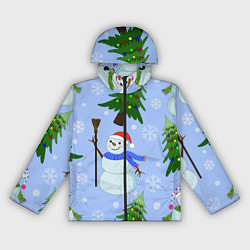 Ветровка с капюшоном женская Снеговики с новогодними елками паттерн, цвет: 3D-черный