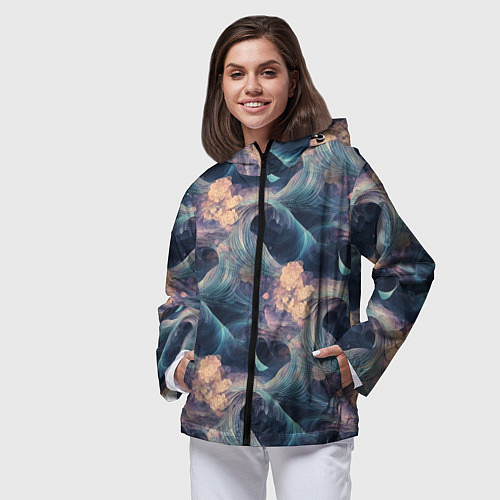 Женская ветровка Волнообразная фрактальная абстракция / 3D-Черный – фото 3