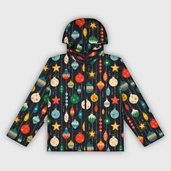 Ветровка с капюшоном женская Новогодние ёлочные игрушки на черном фоне, цвет: 3D-черный
