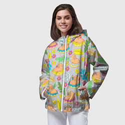 Ветровка с капюшоном женская Семья капибар на отдыхе, цвет: 3D-белый — фото 2