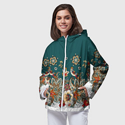 Ветровка с капюшоном женская Индийский орнамент с птицами, цвет: 3D-белый — фото 2