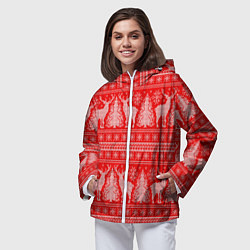 Ветровка с капюшоном женская Новогодний узор с оленями и елками, цвет: 3D-белый — фото 2