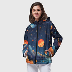 Ветровка с капюшоном женская Нарисованный космос, цвет: 3D-черный — фото 2