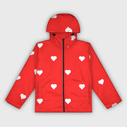 Ветровка с капюшоном женская Белые сердца на красном фоне, цвет: 3D-черный