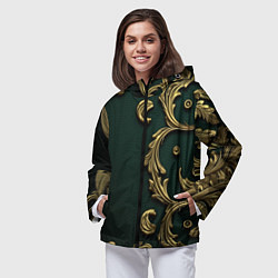 Ветровка с капюшоном женская Лепнина золотые узоры на зеленой ткани, цвет: 3D-черный — фото 2