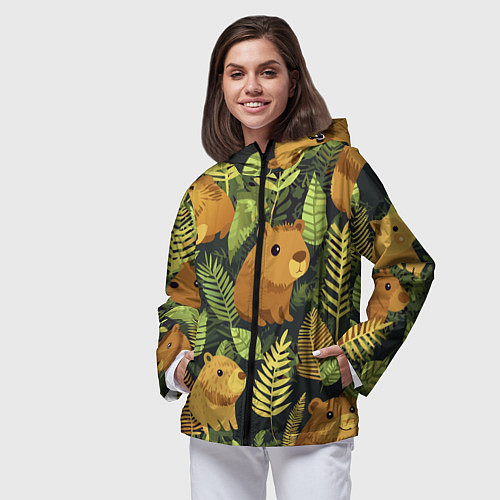 Женская ветровка Капибары - лесной маскировочный камуфляж / 3D-Черный – фото 3