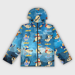 Ветровка с капюшоном женская Паттерн чаек на полигональном синем, цвет: 3D-черный