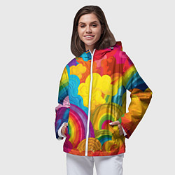 Ветровка с капюшоном женская Радужные яркие волны, цвет: 3D-белый — фото 2