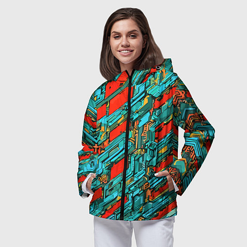 Женская ветровка Голубые фрагменты на красном фоне / 3D-Черный – фото 3