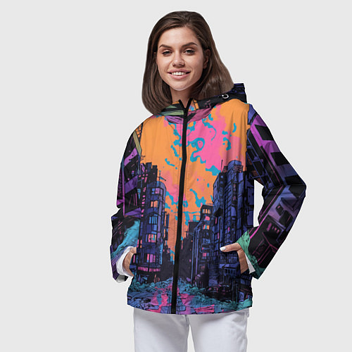 Женская ветровка Киберпанк город в стиле комиксов / 3D-Черный – фото 3