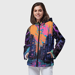 Ветровка с капюшоном женская Киберпанк город в стиле комиксов, цвет: 3D-черный — фото 2