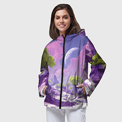 Ветровка с капюшоном женская Фиолетовые горы зеленые деревья и космос, цвет: 3D-черный — фото 2