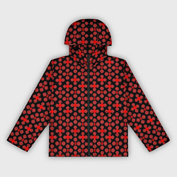 Ветровка с капюшоном женская Красные четырёхлистники на чёрном фоне, цвет: 3D-черный
