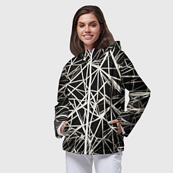 Ветровка с капюшоном женская Белые хаотичные линии на чёрном фоне, цвет: 3D-белый — фото 2