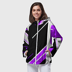 Ветровка с капюшоном женская Бело-фиолетовые полосы на чёрном фоне, цвет: 3D-белый — фото 2