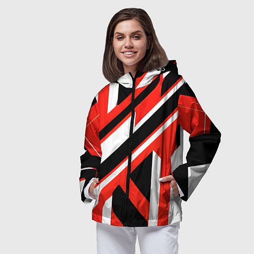 Женская ветровка Чёрно-красные полосы на белом фоне / 3D-Черный – фото 3