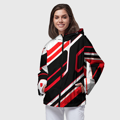 Женская ветровка Бело-красные линии на чёрном фоне / 3D-Черный – фото 3