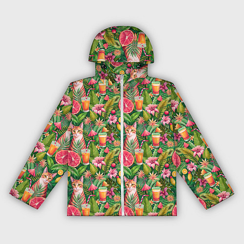Женская ветровка Летний котик с коктейлем в тропических цветах / 3D-Белый – фото 1