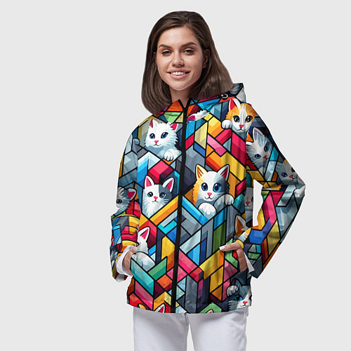 Женская ветровка Геометрический паттерн с котятами - нейросеть / 3D-Черный – фото 3