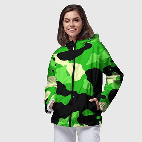 Женская ветровка Зелёный камуфляж текстура / 3D-Черный – фото 3