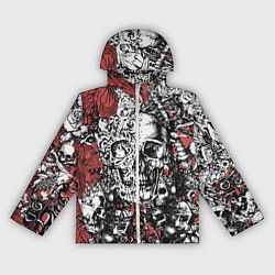 Ветровка с капюшоном женская Черепа и скелеты на красном, цвет: 3D-белый