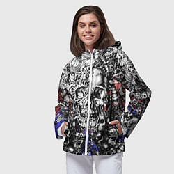 Ветровка с капюшоном женская Череп и скелеты на фоне флага России, цвет: 3D-белый — фото 2