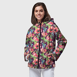 Ветровка с капюшоном женская Птицы и цветы, цвет: 3D-черный — фото 2